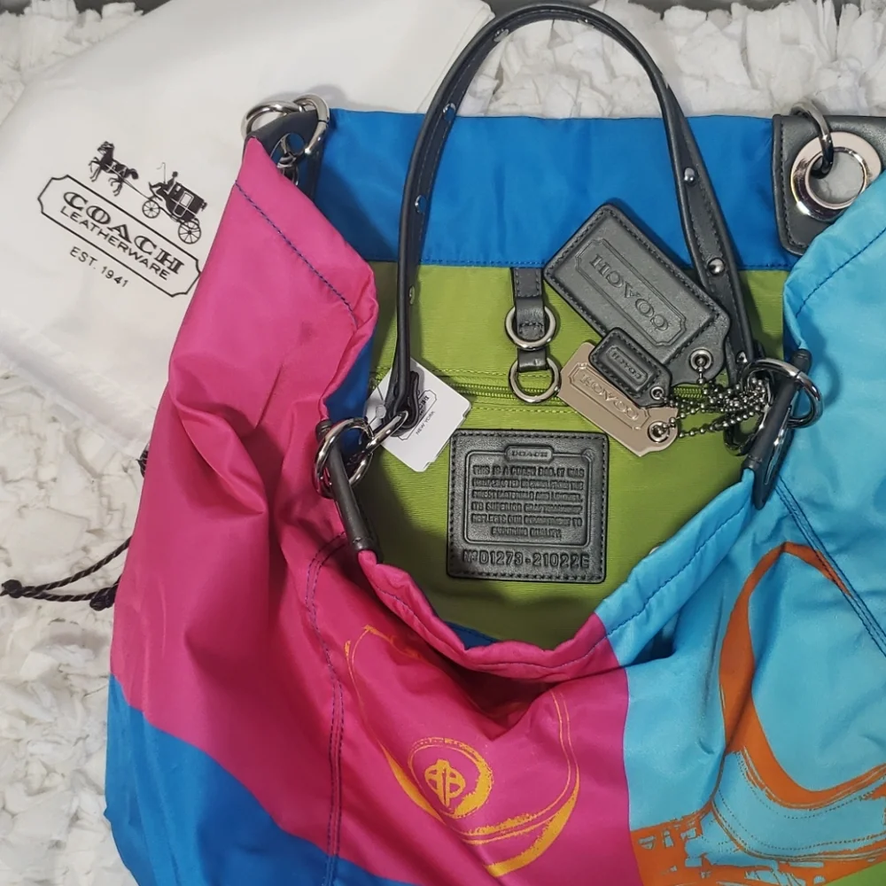 Vintage & Rare Coach Madison Multicolor Nylon Four Square Summer Beach Tote bag - Picture 9 of 10